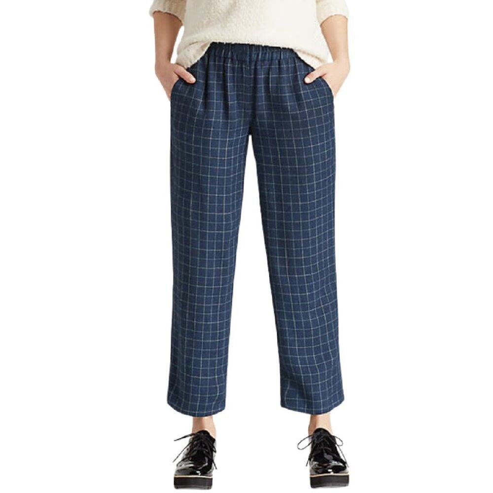 Eileen Fisher Straight Leg Crop Pants Navy Check Tussah Silk Small